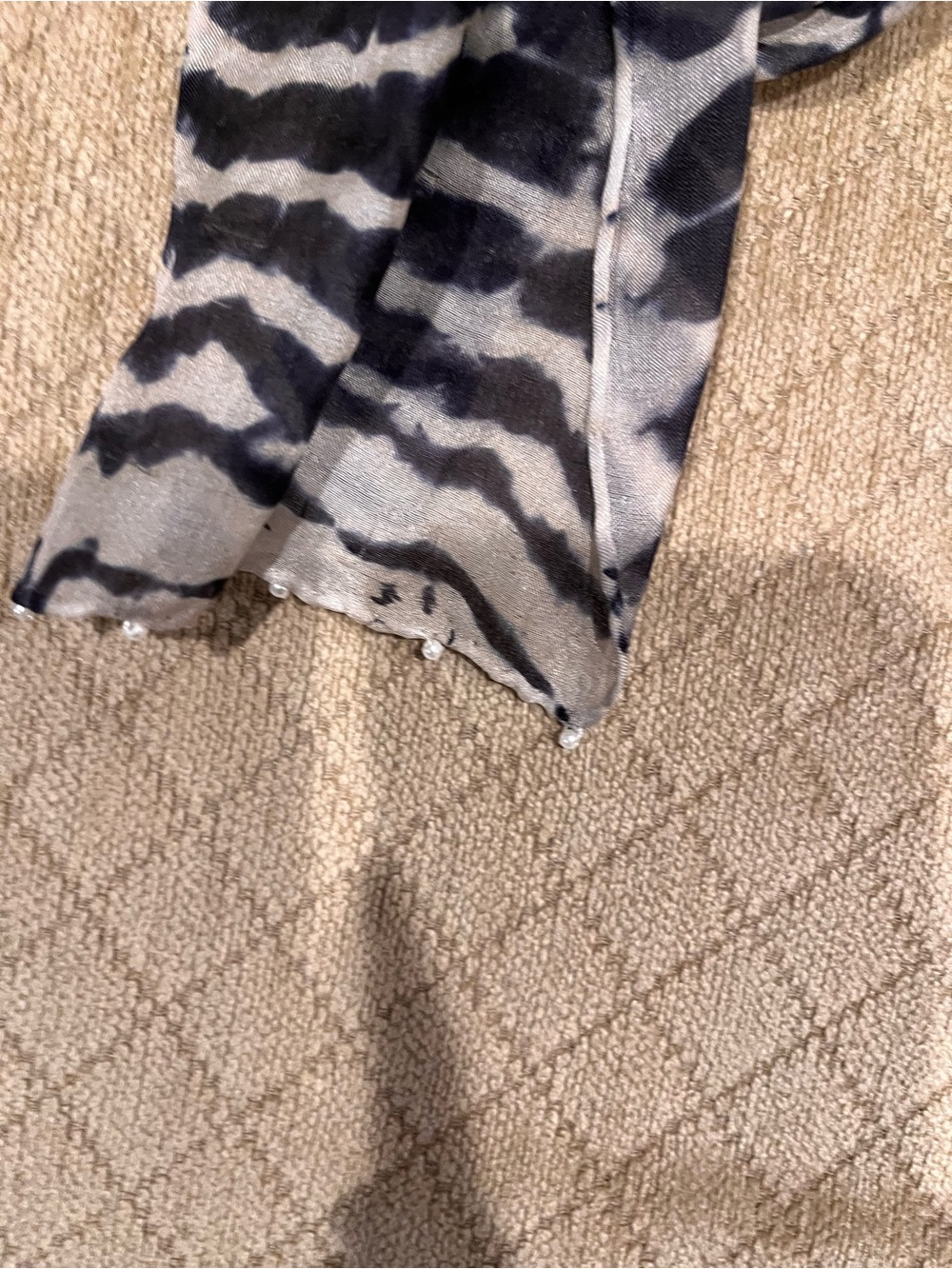 Lightweight Zebra Print Scarf in Black and Gray with pearls on bottom